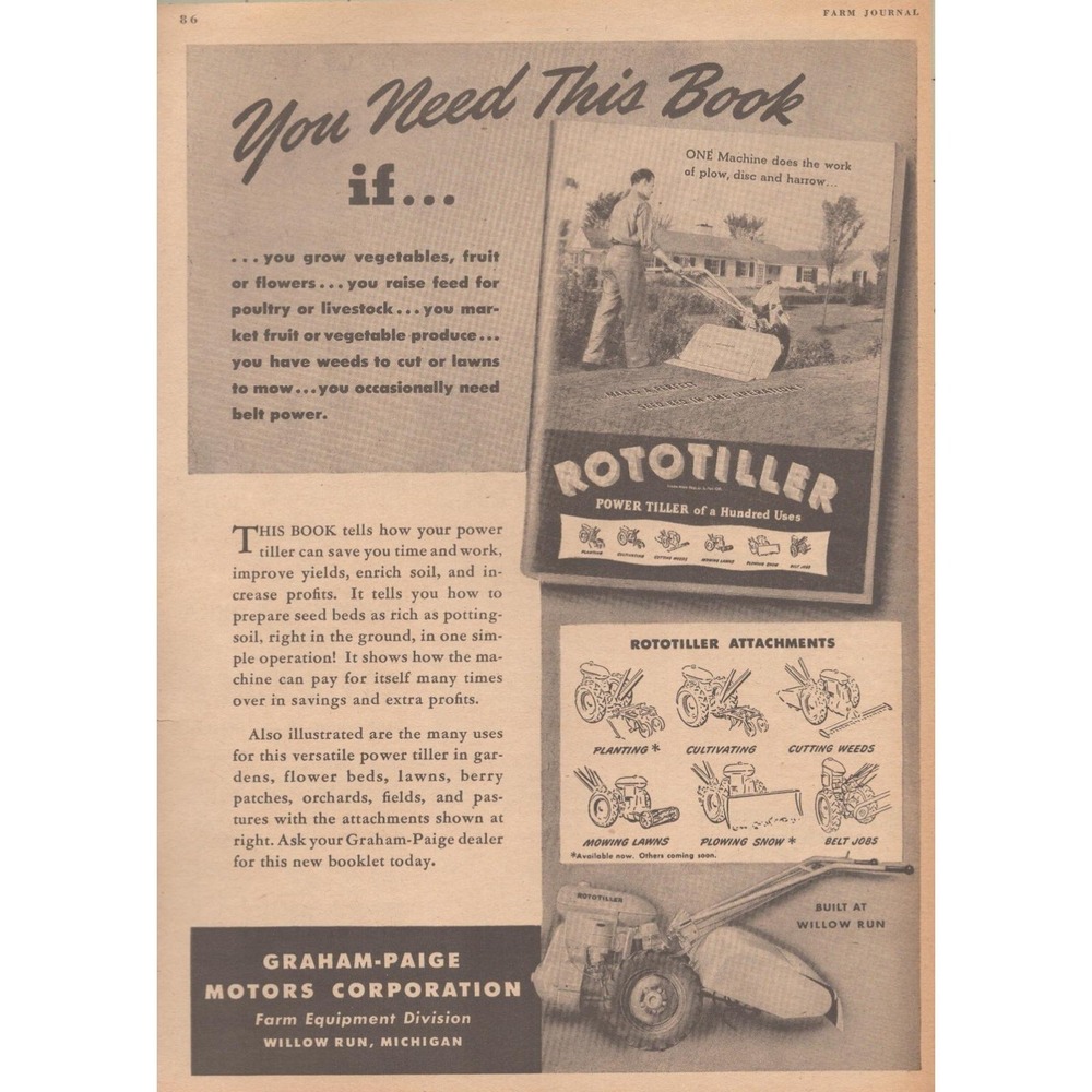 1946 Rototiller Vintage Print Ad Graham Paige MCM Farm Equipment Willow Run MI